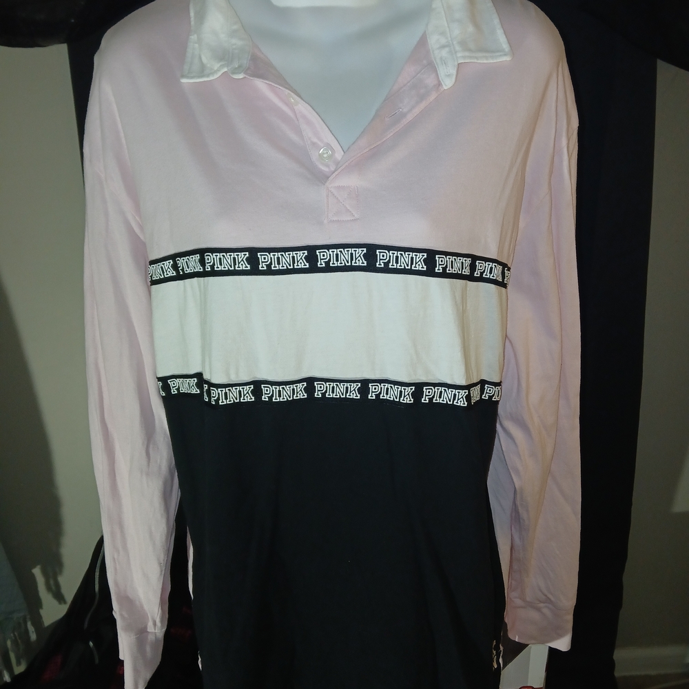 PINK Victoria's Secret White and Pink Button Up Collar Top